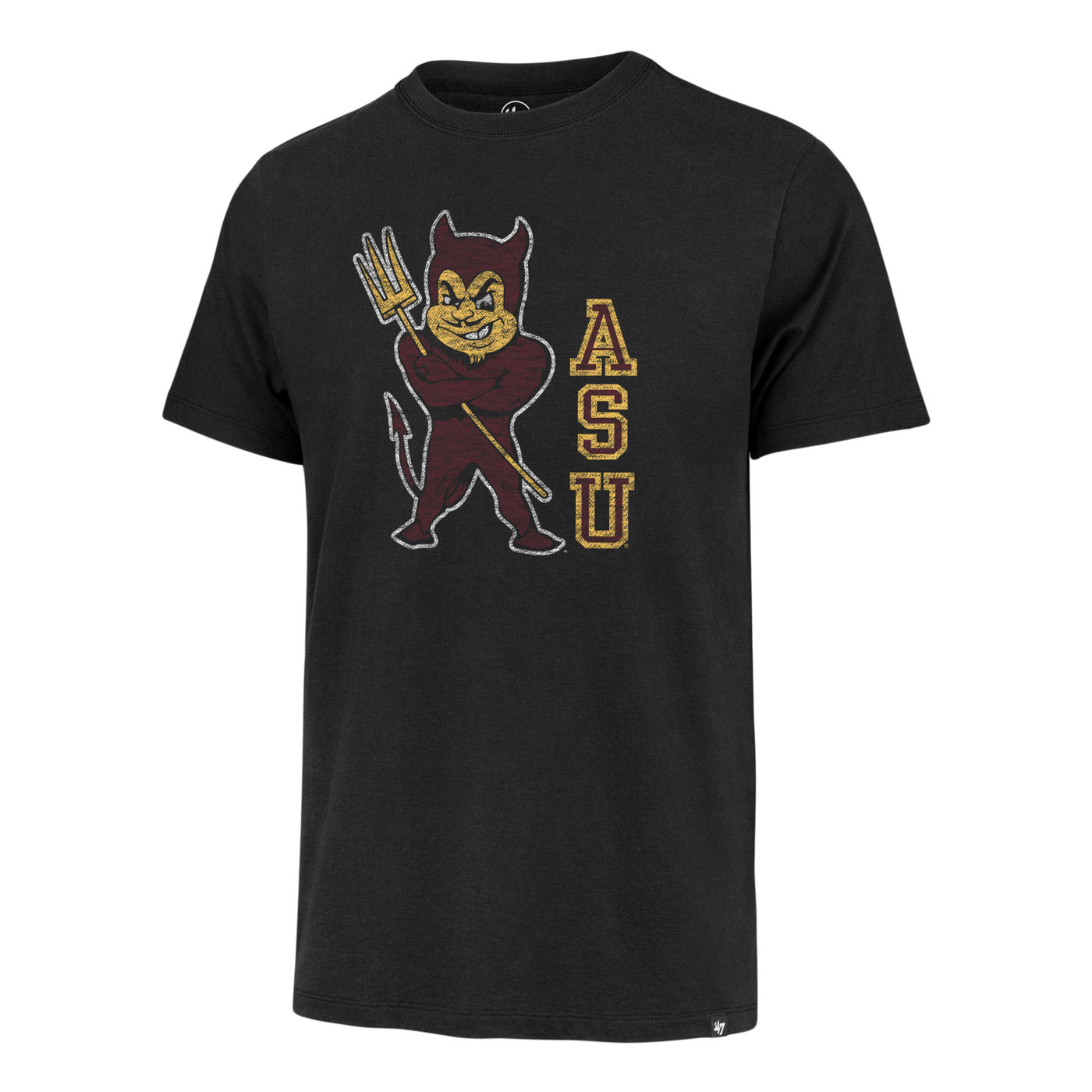 Black tee with vintage, crossed armed Sparky and pitchfork next to maroon and gold ASU descending.