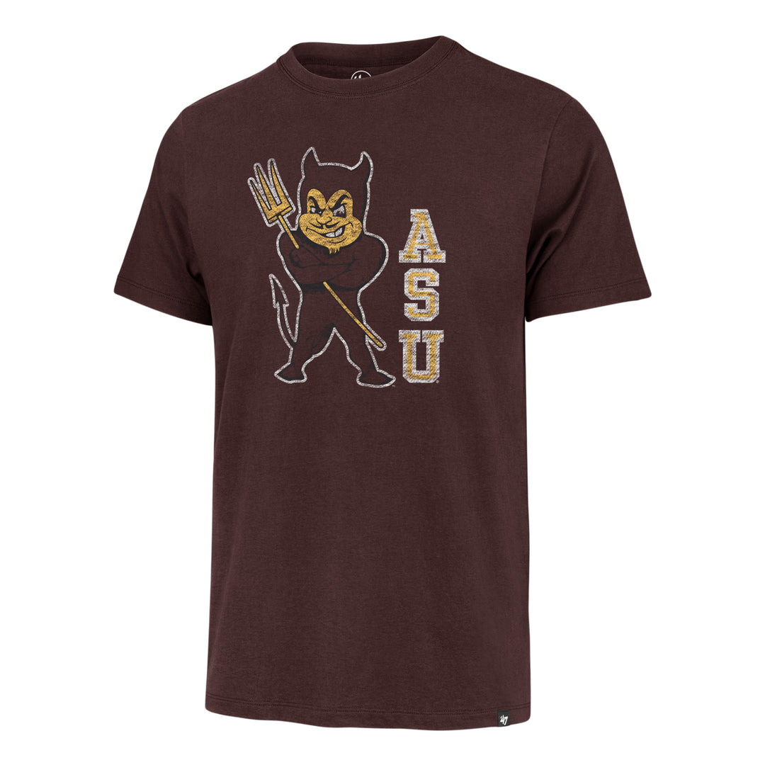 Maroon tee with vintage, crossed armed Sparky and pitchfork next to gold ASU descending.
