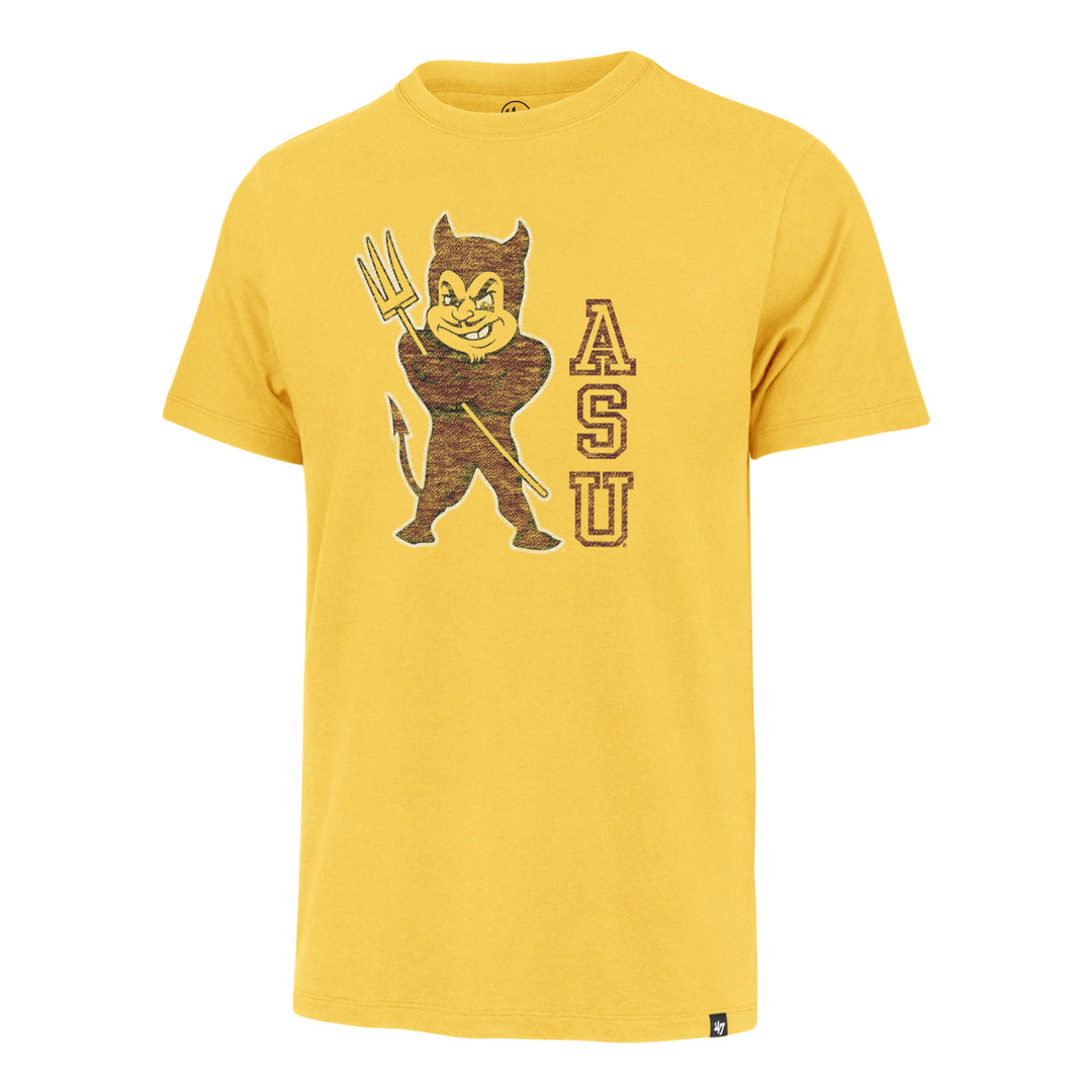 Gold tee with vintage, crossed armed Sparky and pitchfork next to maroon and gold ASU descending.