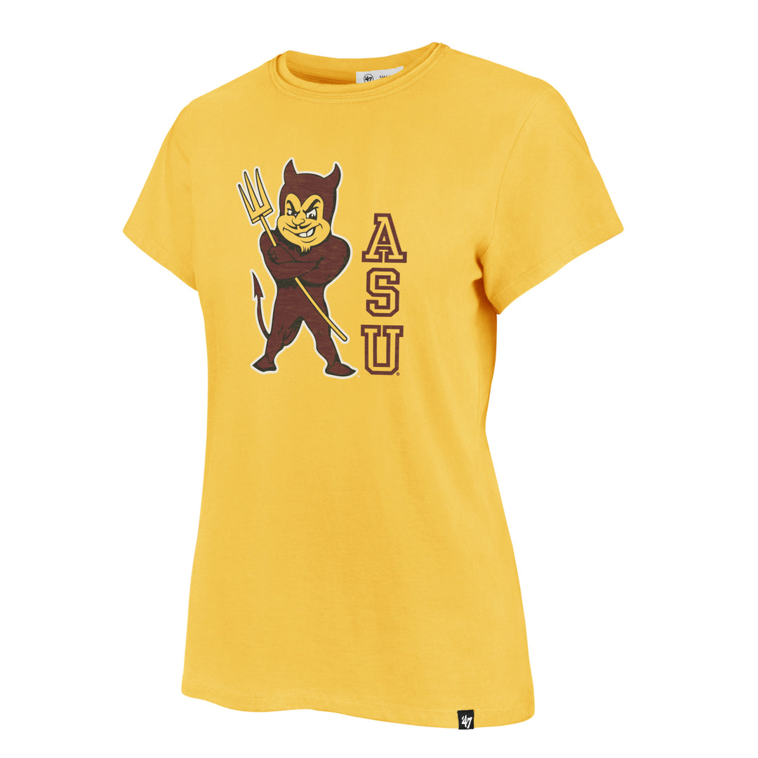 Gold t-shirt with a mascot graphic and 'ASU' text on a white background