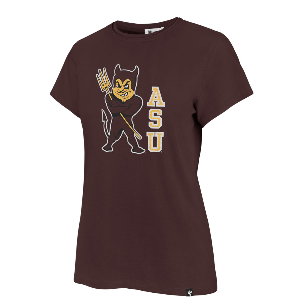 Maroon tee with 'ASU' in gold text descending next to crossed armed Sparky
