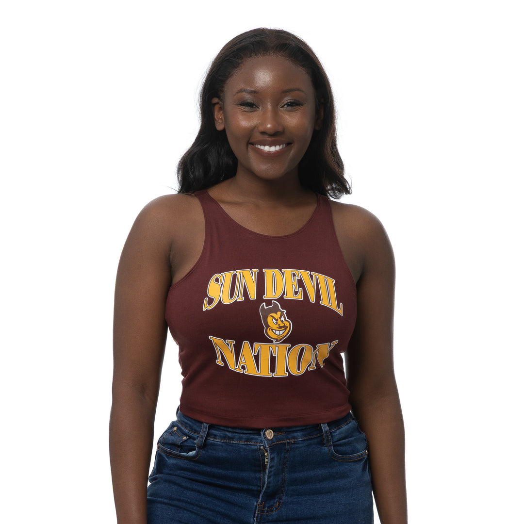 Woman wearing a maroon tank top with 'Sun Devil Nation' text and logo on a white background