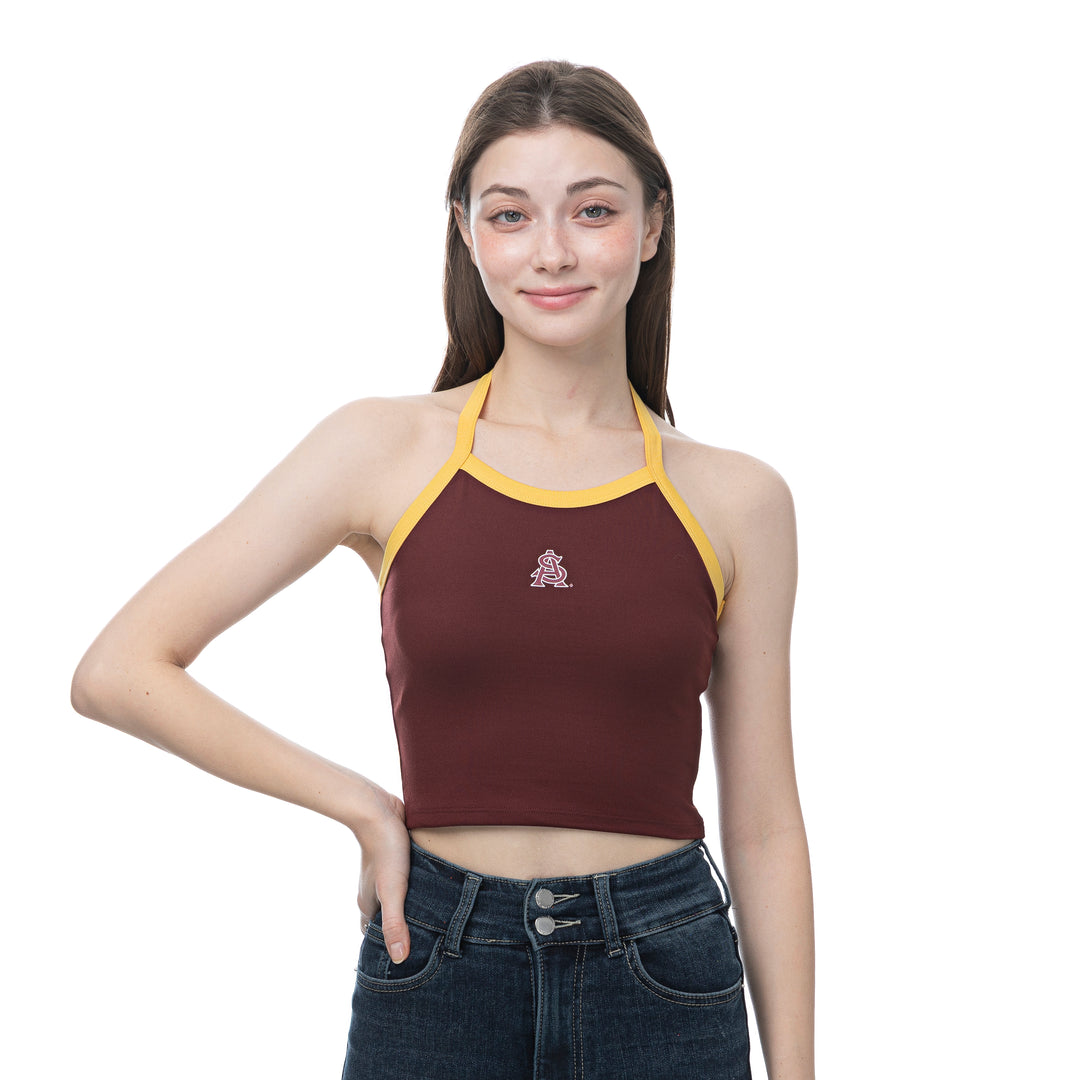 Maroon halter top with maroon and white A&amp;S below neckline and gold trim