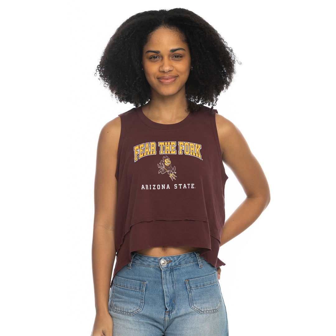 Maroon sleeveless shirt with 'Fear the Fork' and 'Arizona State' with charging Sparky.