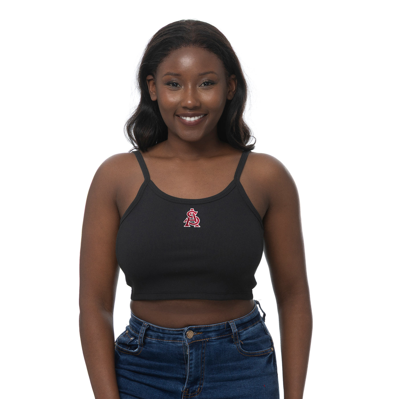 Black cropped tank with Interlocking A&S under the collar.