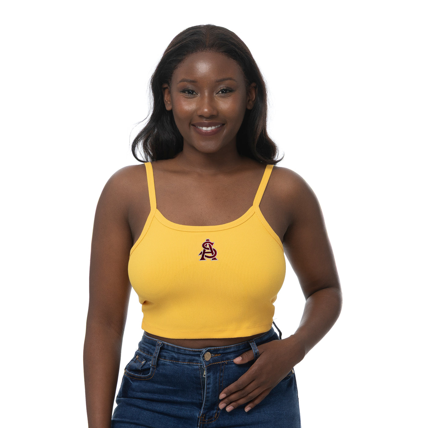 Woman wearing a yellow tank top with an interlocking a&S logo on a white background