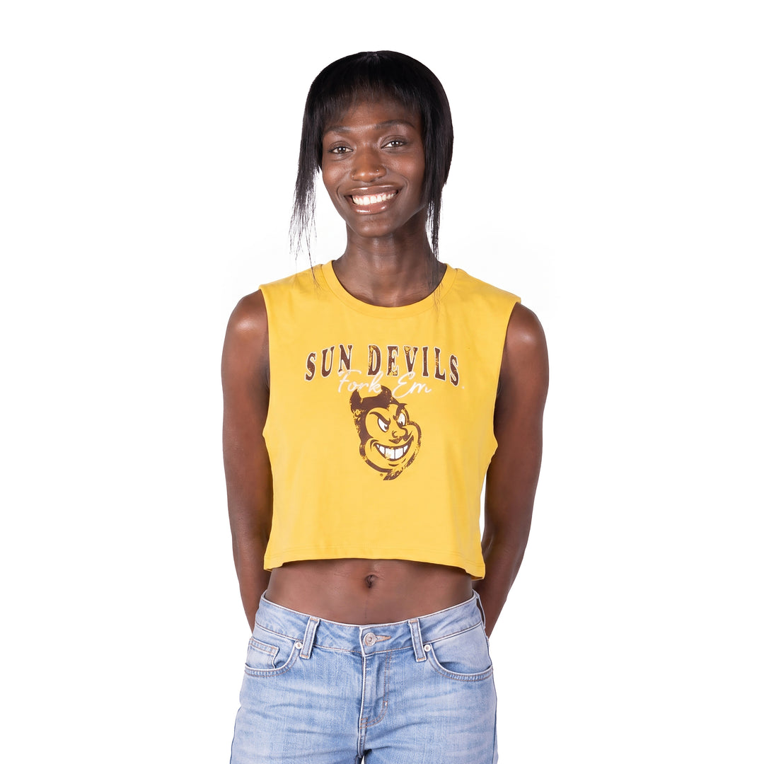 gold ladies crop tank with Sun Devils Fork Em text and Sparkyface