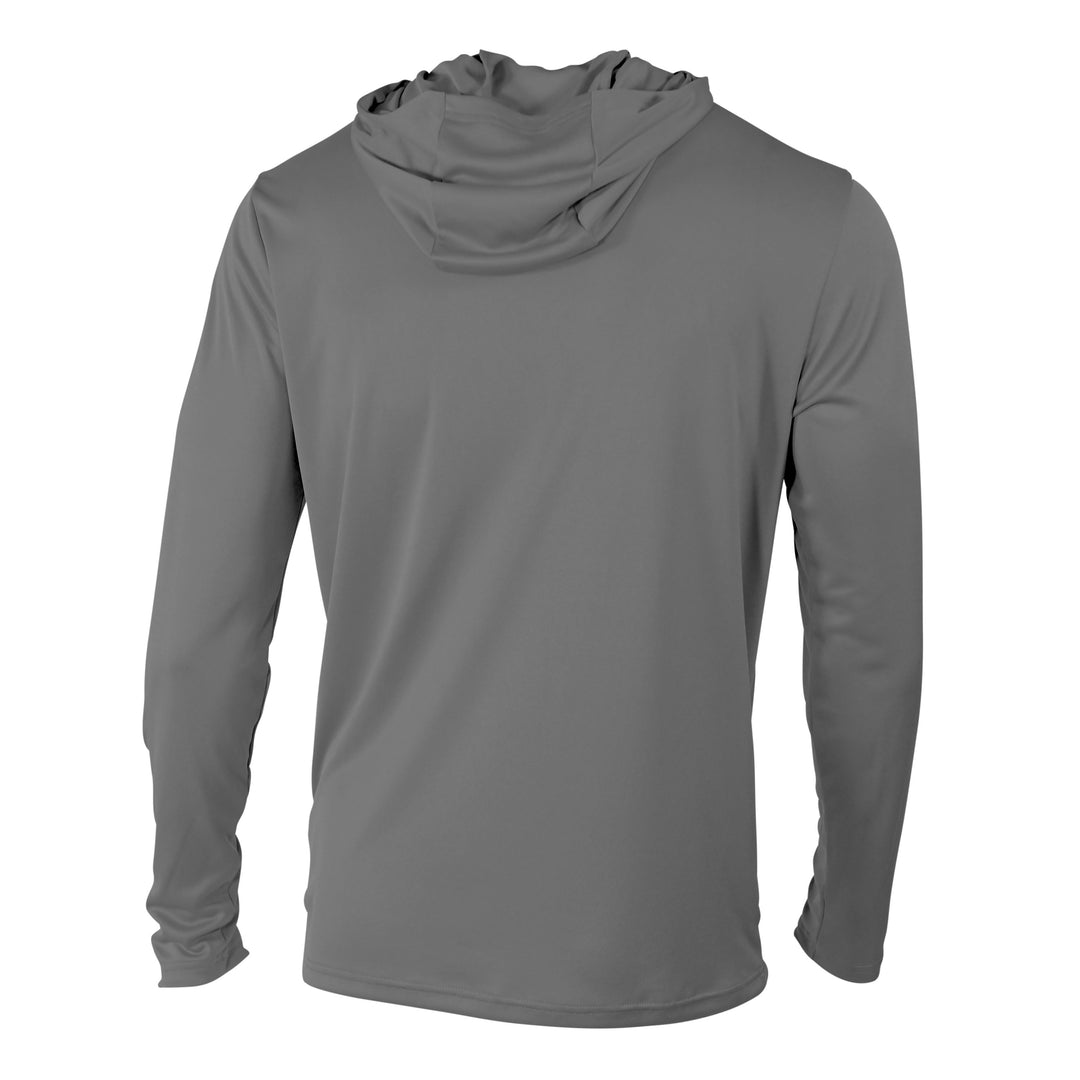 Back of gray hooded tee shirt