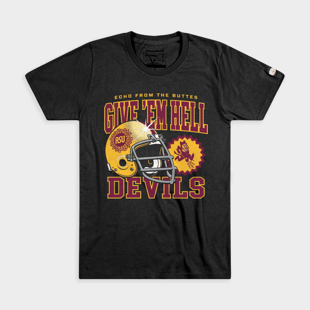 black tee with text "Echo from the Buttes" and "Give Em Hell Devils" in maroon with gold outline. There is a gold football helmet with the sunburst logo and a running sparky patch