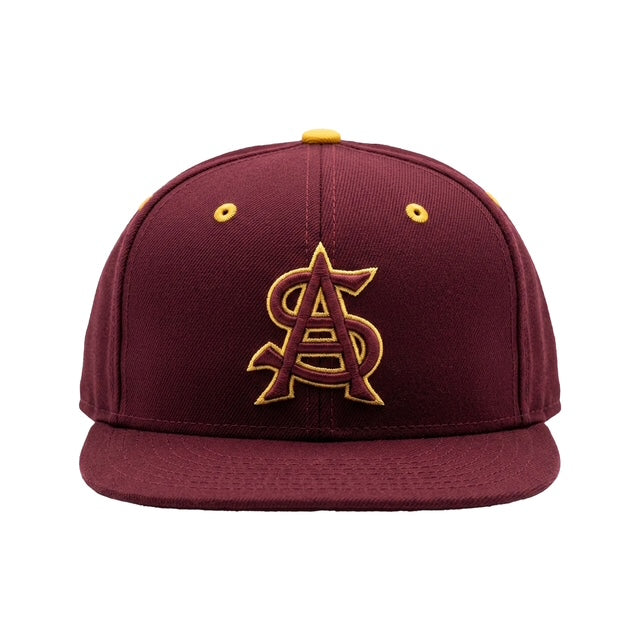 Maroon baseball cap with gold logo on a white background