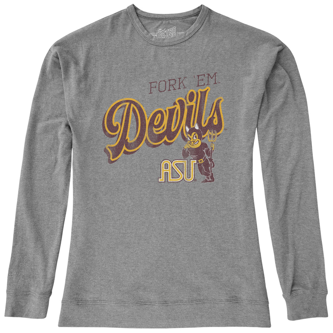 Grey long sleeve crew with "Fork 'em Devils" over ASU and leaning Sparky