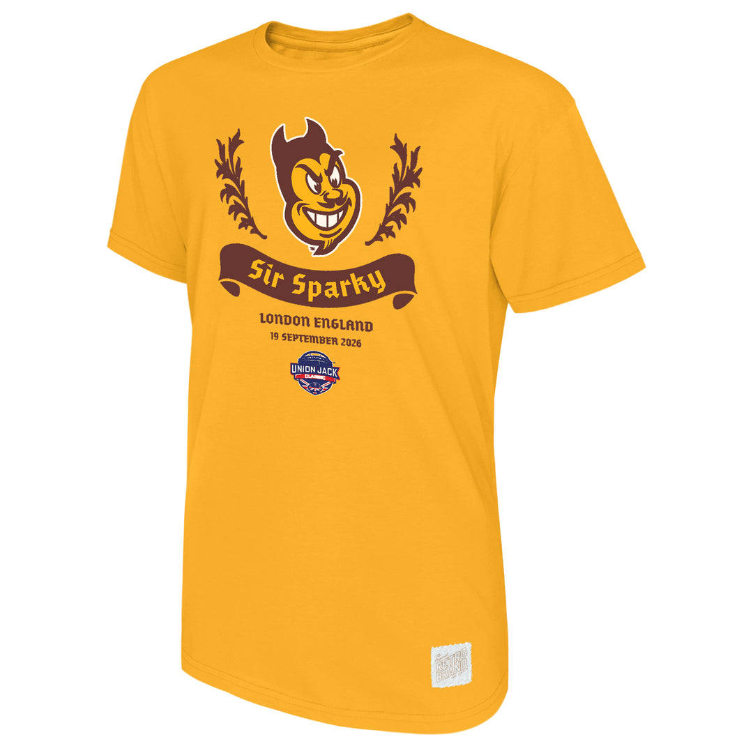 gold tee with Sir Sparky design on front with details of Union Jack Classic game