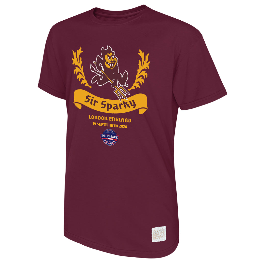Maroon tee with Sparky the Sun Devil. Text says "Sir Sparky" London England 19 September 2026