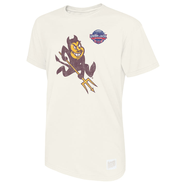 vintage white tee with sparky and union jack classic logo