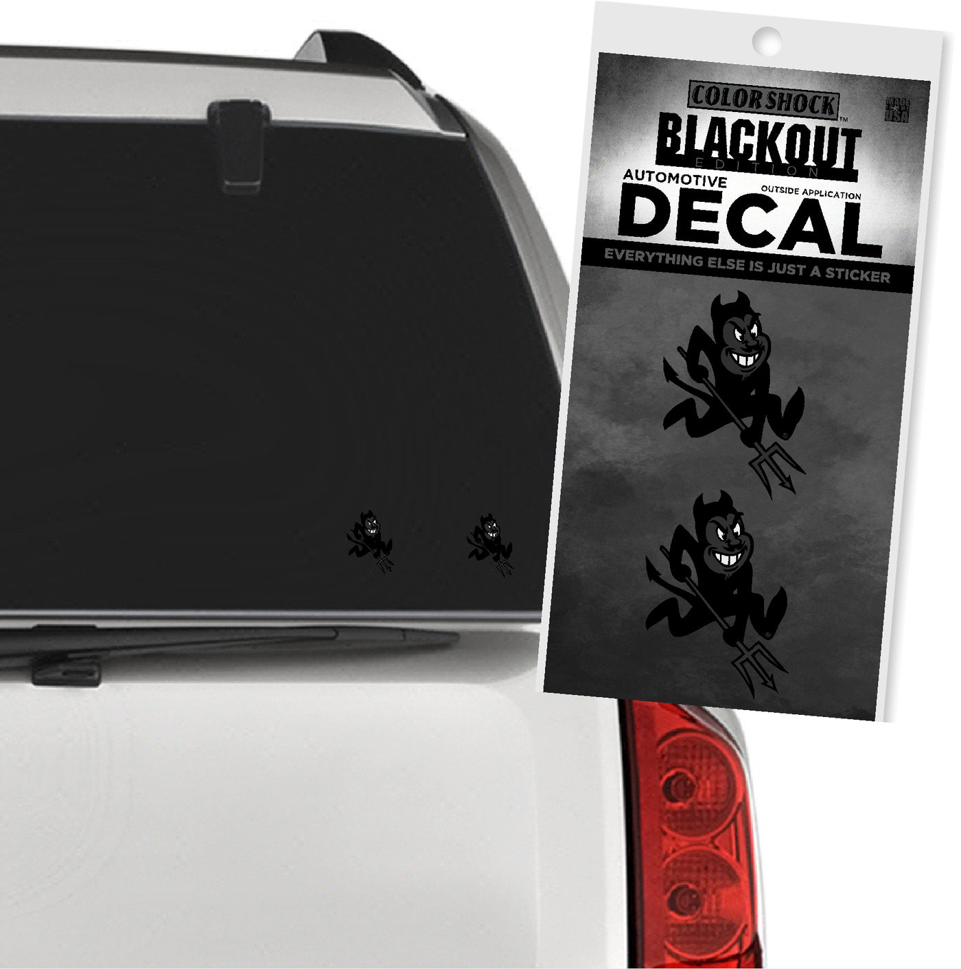 Blackout decal package with a car window and taillight in the background