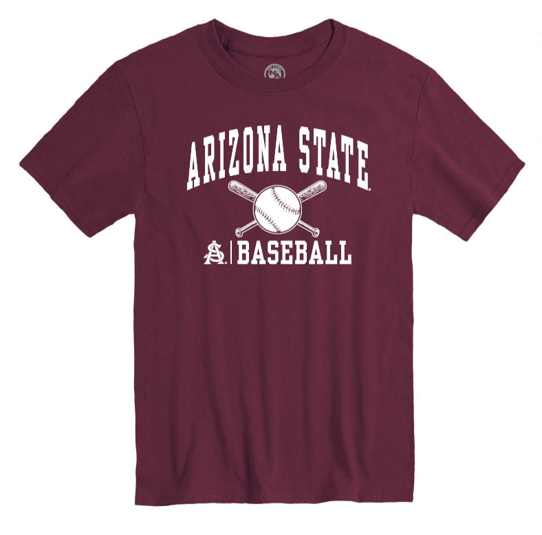 Maroon short sleeve tee with "Arizona State" written on the top. Below is a baseball with two bats crossed behind it. And at the bottom there is the A&S logo written next to "Baseball"