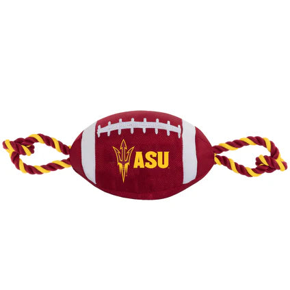 Maroon and gold stuffed football toy with rope ends and gold 'ASU' across the front.