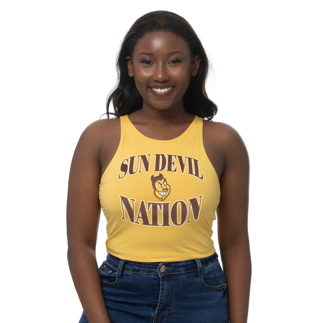 Gold tank with maroon and white outlined letters 'Sun Devil Nation' with Sparkyface in the center.