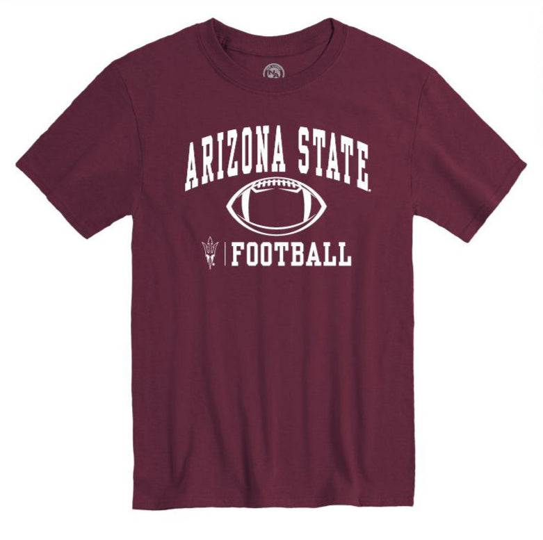 Maroon short sleeve tee with "Arizona State" written on the top and a football below. At the bottom, "Football" is written next to the pitchfork logo.