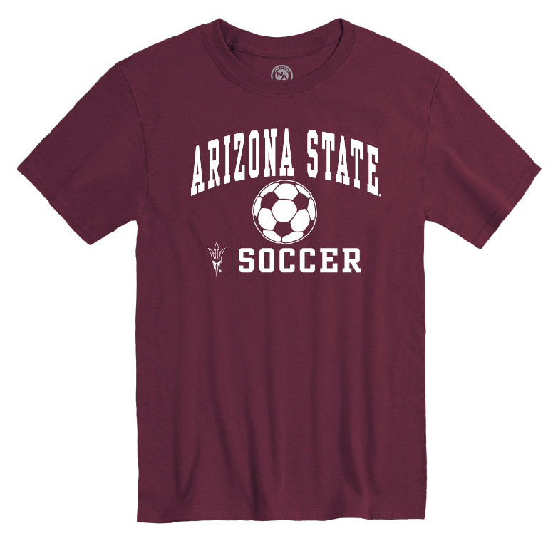 Maroon short sleeve tee with "Arizona State" written on the top. Below is a soccer ball. And at the bottom there is the pitchfork logo next to "Soccer"