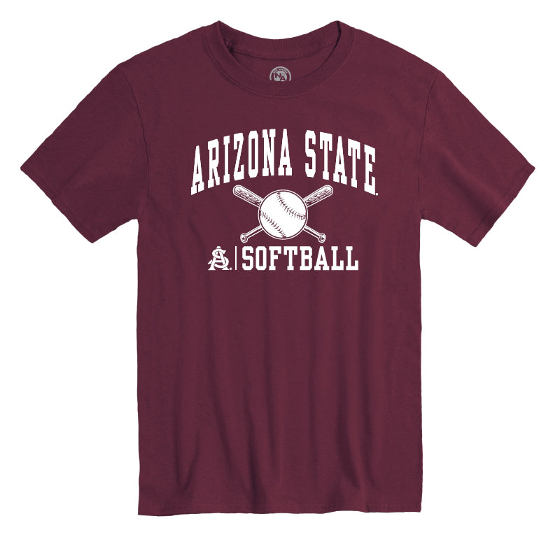 Maroon short sleeve tee with "Arizona State" written on the top. Below is a softball with two bats crossed behind it. And at the bottom there is the A&S logo written next to "Softball"