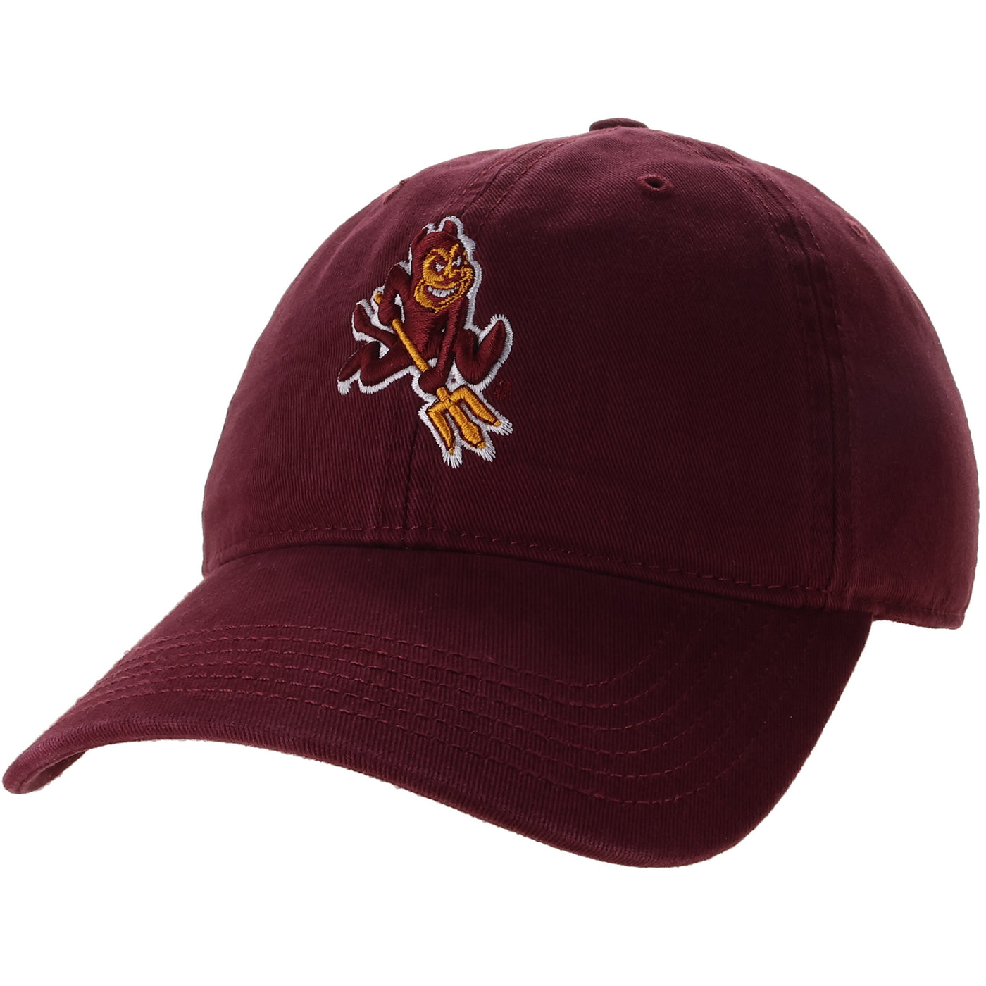 Maroon baseball cap with embroidered logo on a white background