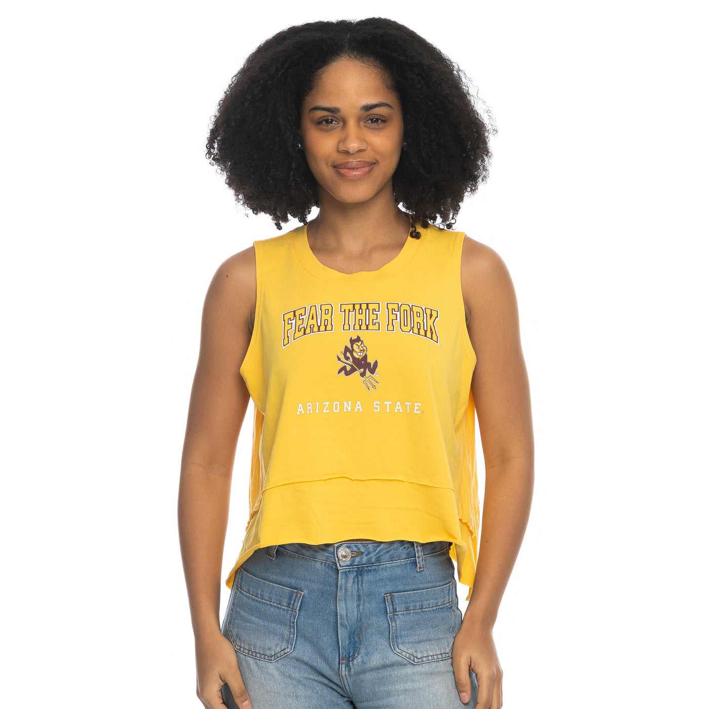 Sleeveless ladies top with 'Fear the fork' outlined in maroon and 'Arizona State' with a charging Sparky in the center.