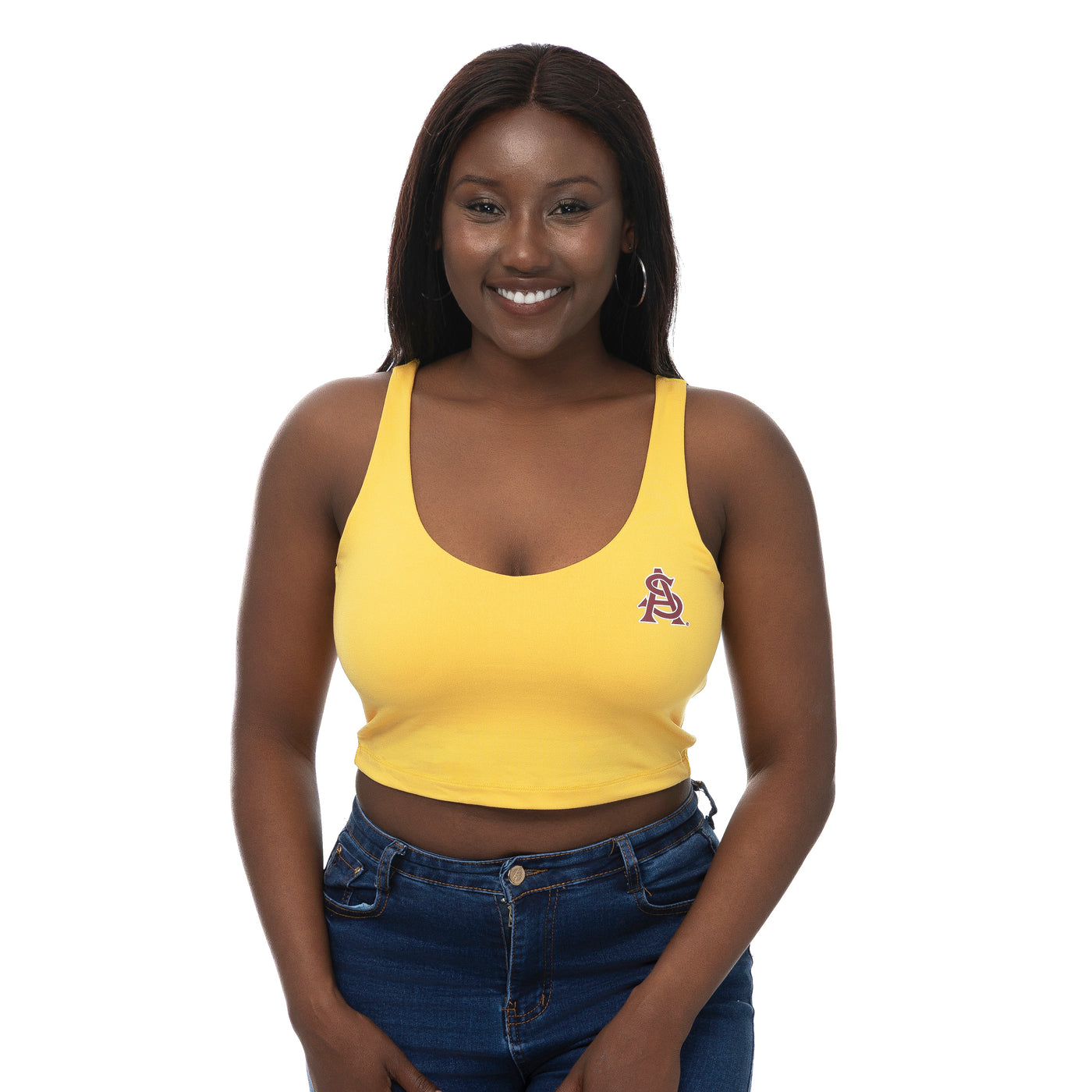 Woman wearing a yellow tank top with an interlocking A&S logo on a white background