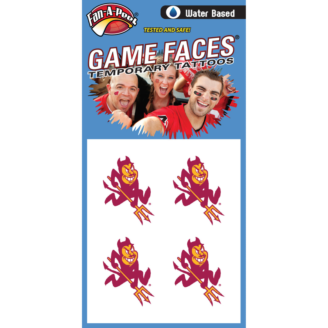 Packaging of Game Faces temporary tattoos with cartoon characters on a blue background