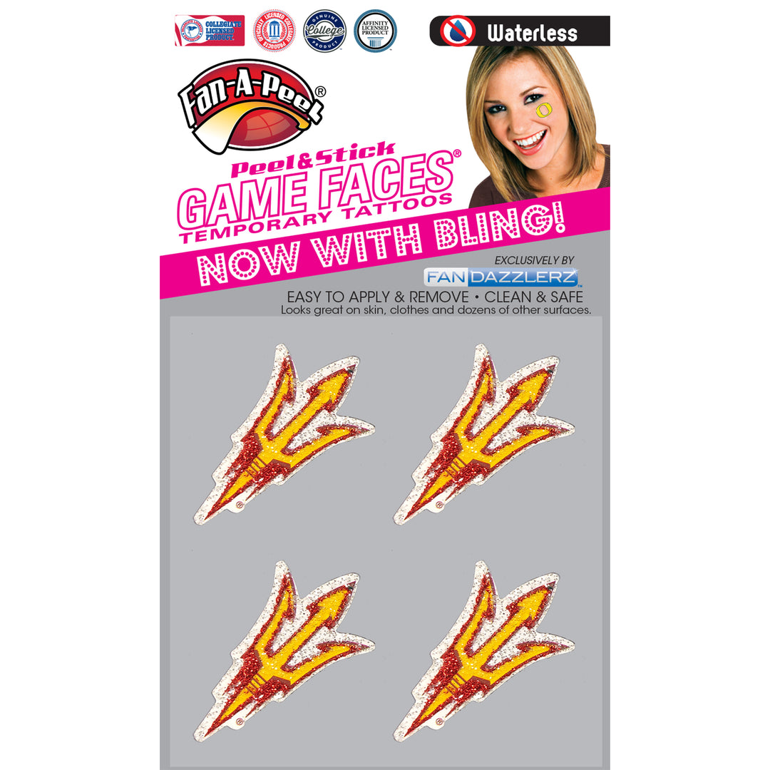 Packaging of Fan-A-Peel's Peel & Stick Game Faces temporary tattoos with bling, featuring a logo and a woman's face.