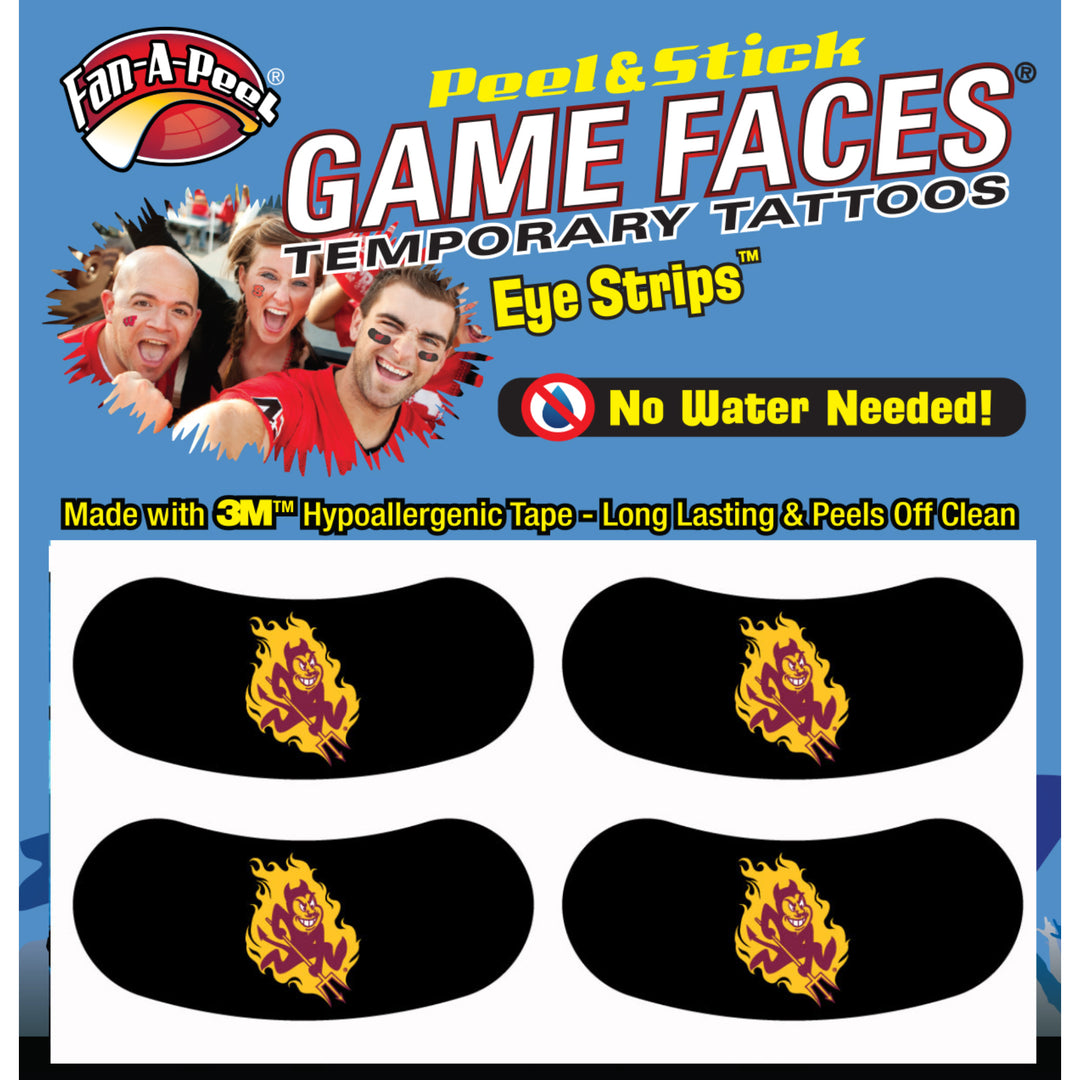 Game Faces temporary tattoos with eye strips on a blue background