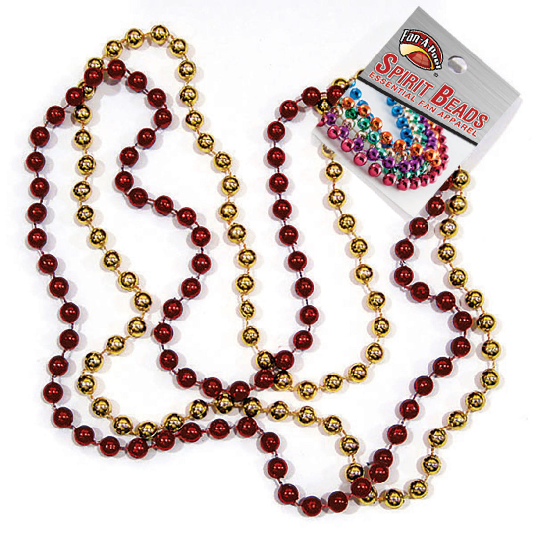 Red and gold bead necklaces with a Spirit Beads packaging on a white background