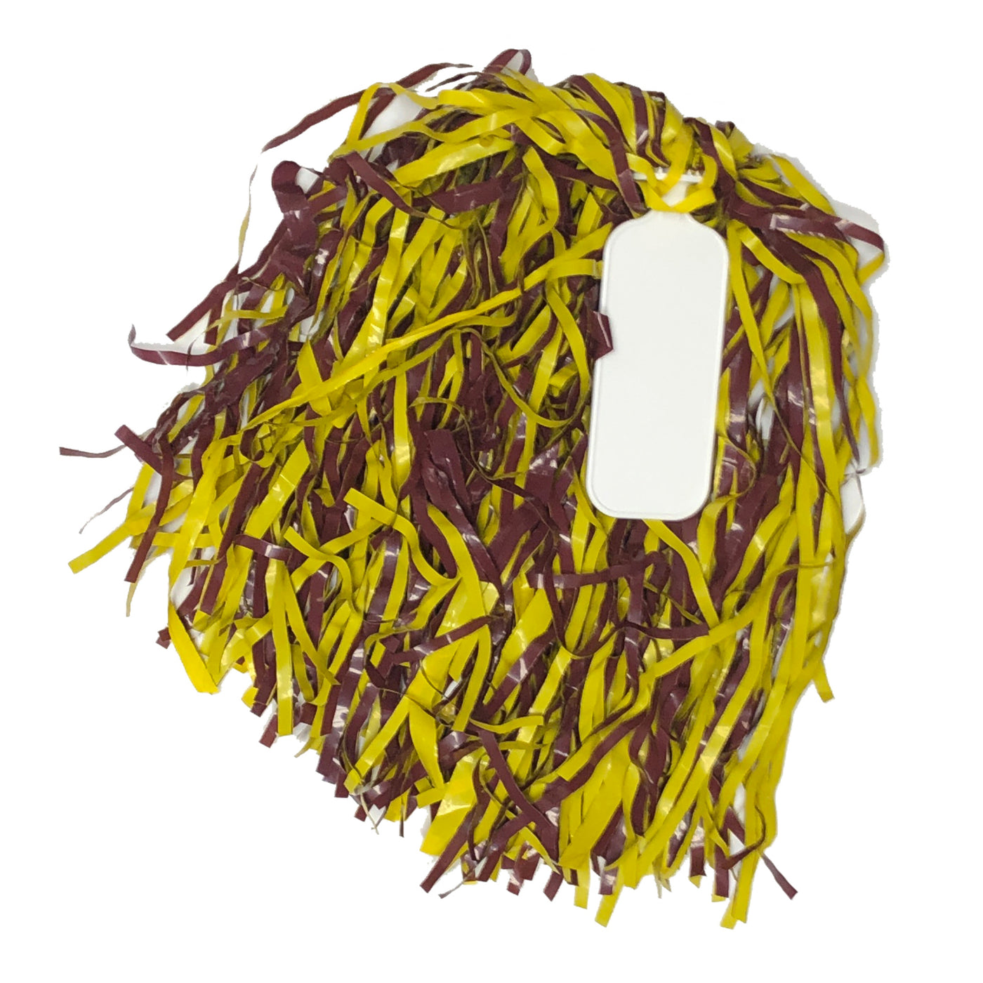 Decorative wreath with yellow and maroon straw-like material on a white background