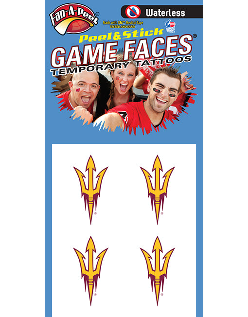 Pack of four Fan-A-Peel Waterless Peel &amp; Stick Game Faces temporary tattoos featuring the Arizona State Sun Devils logo, on a blue and white backing card.