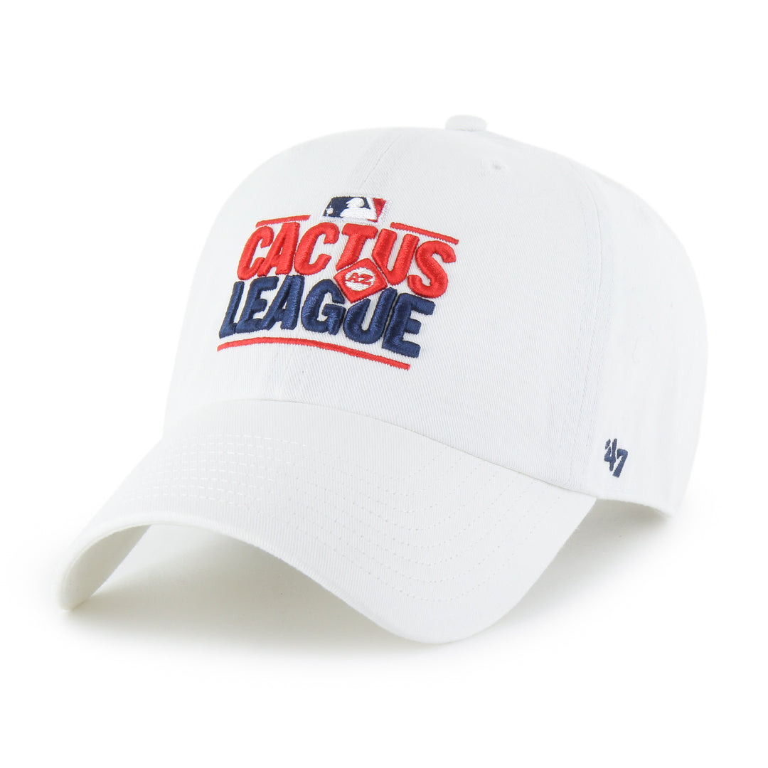 White 47 brand hat. "Cactus" written in red above "League" written in dark blue. MLB logo at the top. Red diamond with "AZ" written in the middle