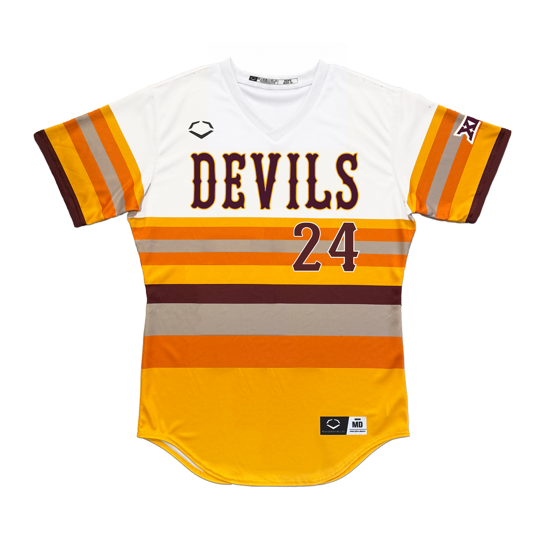 Old school baseball jersey with sunset colors on bottom half of body and sleeves. "Devils" text on chest and "24"