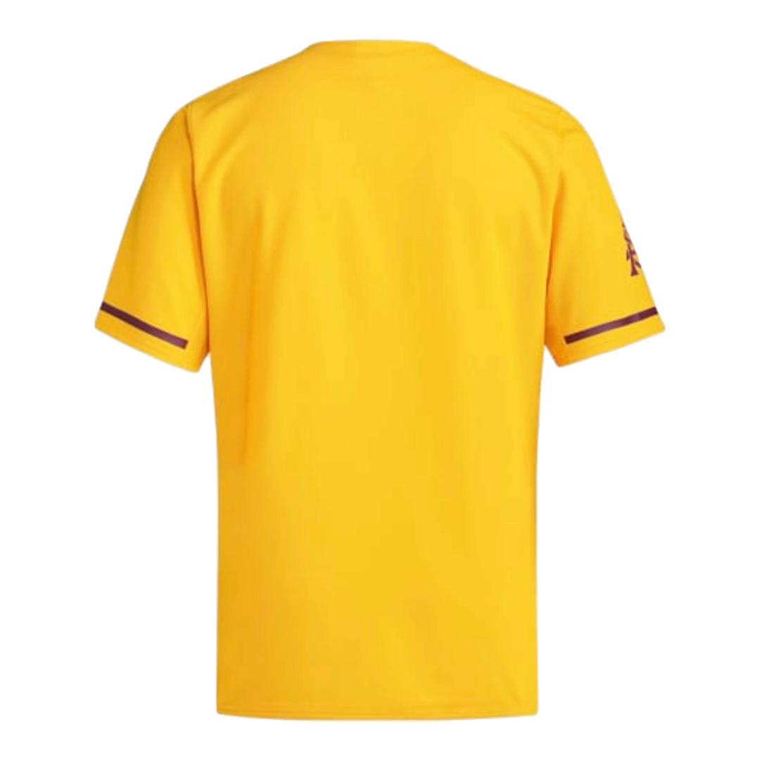 Back of gold baseball jersey with maroon stripe on each sleeve and interlocking A&S on the left sleeve.