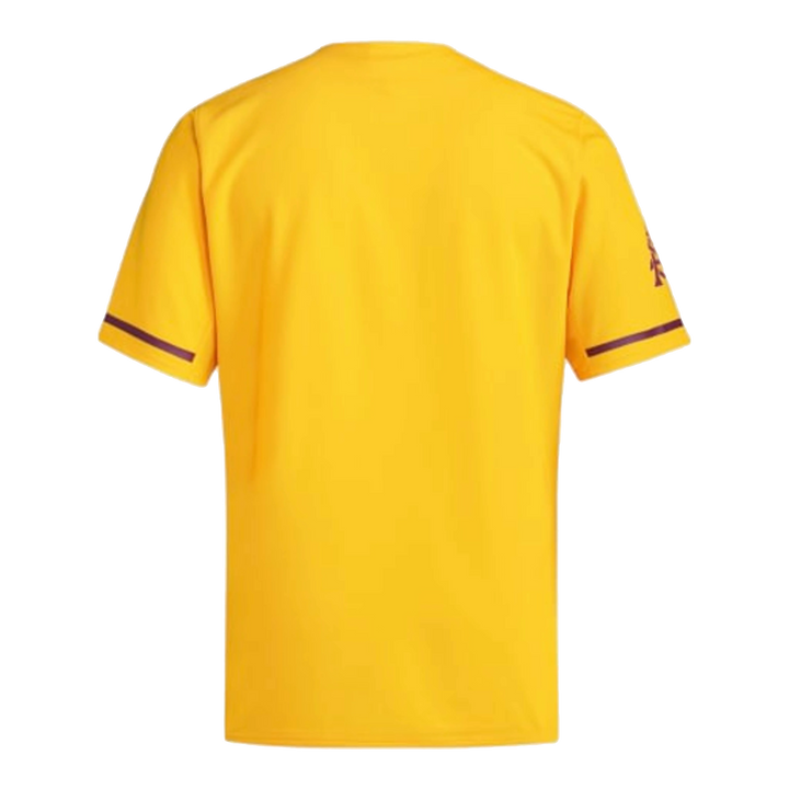 Back of gold baseball jersey with maroon stripe on each sleeve and interlocking A&S on the left sleeve.