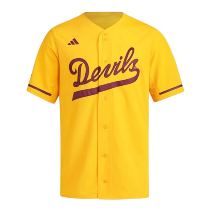 Gold Button Down Baseball Jersey with Devils on the Chest in Maroon and in cursive with line from the s in Devils underlining the word. Maroon stripes on arms. Small Adidas logo above right breast. 
