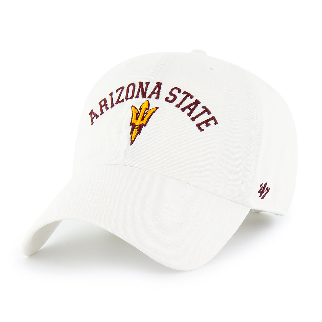White hat with Arizona State and the 47 logo in maroon. PItchfork in gold with maroon outline below "Arizona State"