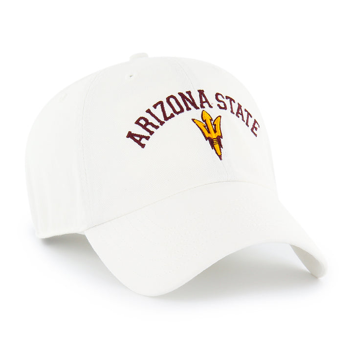 White hat with Arizona State in maroon. PItchfork in gold with maroon outline below "Arizona State"