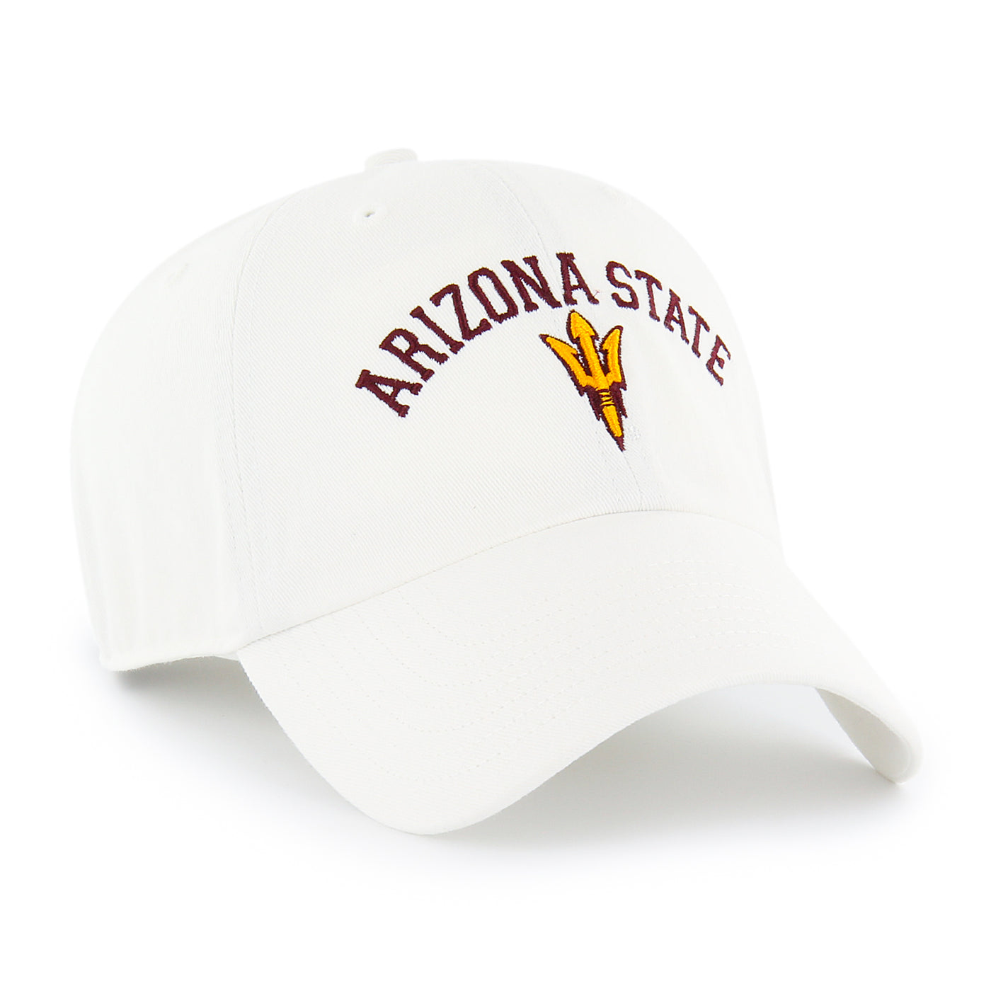 White hat with Arizona State in maroon. PItchfork in gold with maroon outline below 