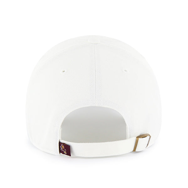 Back of white hat with adjustable strap. Sparky tag on left side of adjustable strap.