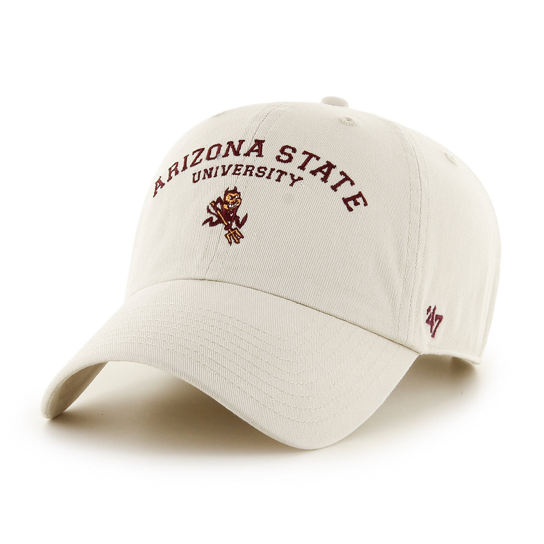 Bone colored hat with Arizona State University in maroon above a sparky logo. 47 brand logo on the right side of the hat