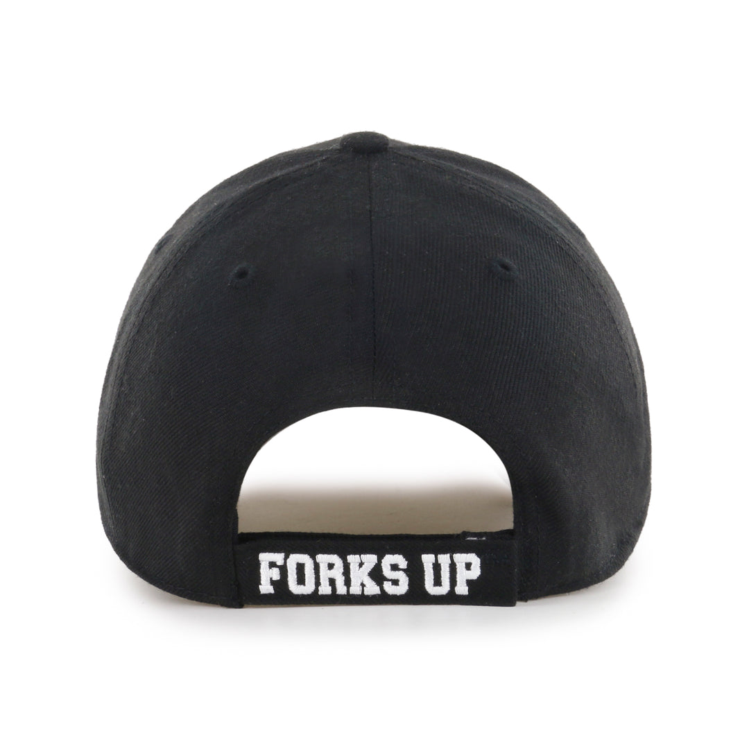 back of black hat with "Forks Up" in white on the adjustable strap