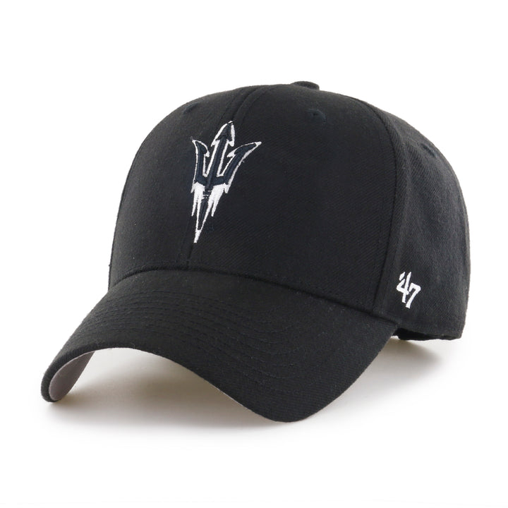 Black hat with pitchfork logo and 47 brand logo in white