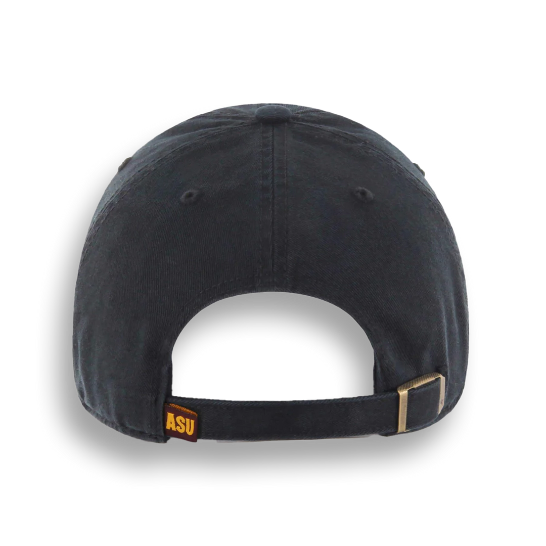 Back of black hat with ASU tag at the left side of the adjustable strap