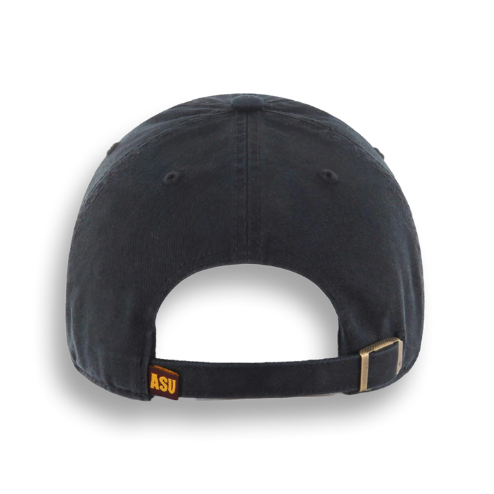 Back of black hat with ASU tag at the left side of the adjustable strap
