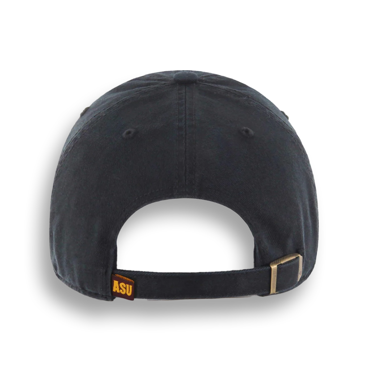 Back of black hat with ASU tag at the left side of the adjustable strap