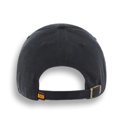 Back of black hat with ASU tag at the left side of the adjustable strap